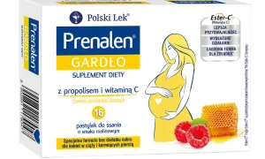 Opakowanie Prenalen Gardło z wizerunkiem kobiety w ciąży, malinami i plastrem miodu.