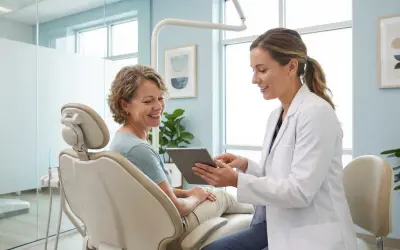 Dentystka w białym fartuchu pokazuje tablet pacjentce siedzącej na fotelu stomatologicznym.
