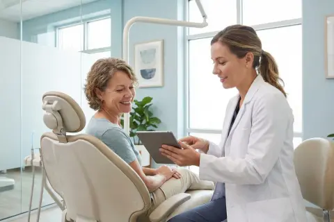 Dentystka w białym fartuchu pokazuje tablet pacjentce siedzącej na fotelu stomatologicznym.
