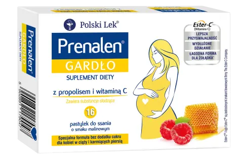 Opakowanie Prenalen Gardło z wizerunkiem kobiety w ciąży, malinami i plastrem miodu.