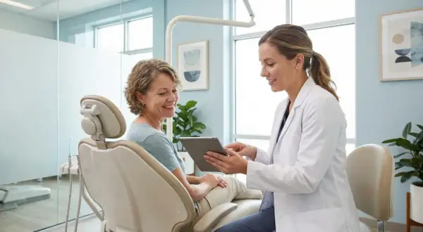 Dentystka w białym fartuchu pokazuje tablet pacjentce siedzącej na fotelu stomatologicznym.