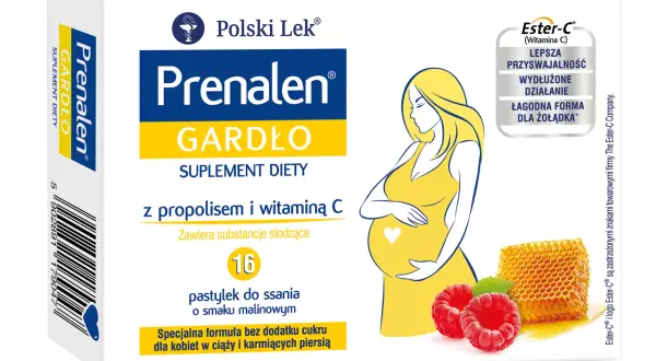 Opakowanie Prenalen Gardło z wizerunkiem kobiety w ciąży, malinami i plastrem miodu.