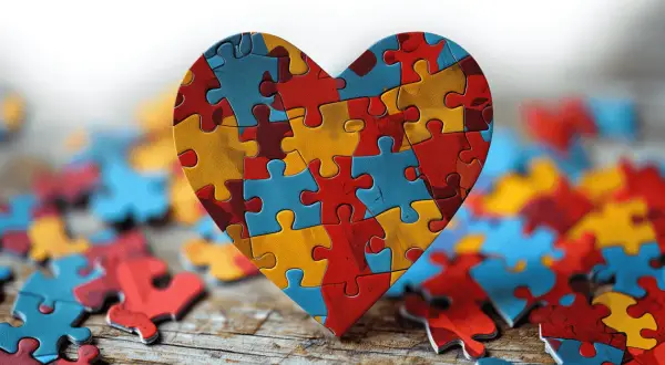 Serce z puzzli w kolorach czerwonym, żółtym i niebieskim, otoczone luźnymi elementami.