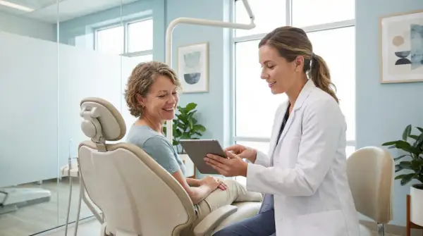 Dentystka w białym fartuchu pokazuje tablet pacjentce siedzącej na fotelu stomatologicznym.