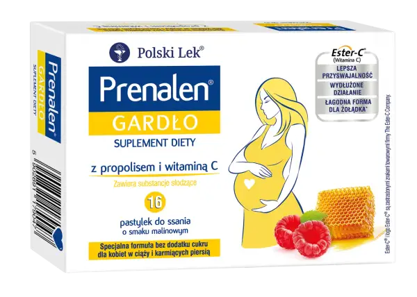 Opakowanie Prenalen Gardło z wizerunkiem kobiety w ciąży, malinami i plastrem miodu.
