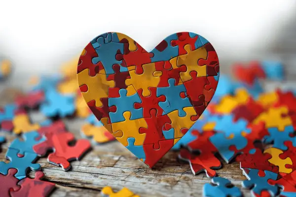Serce z puzzli w kolorach czerwonym, żółtym i niebieskim, otoczone luźnymi elementami.